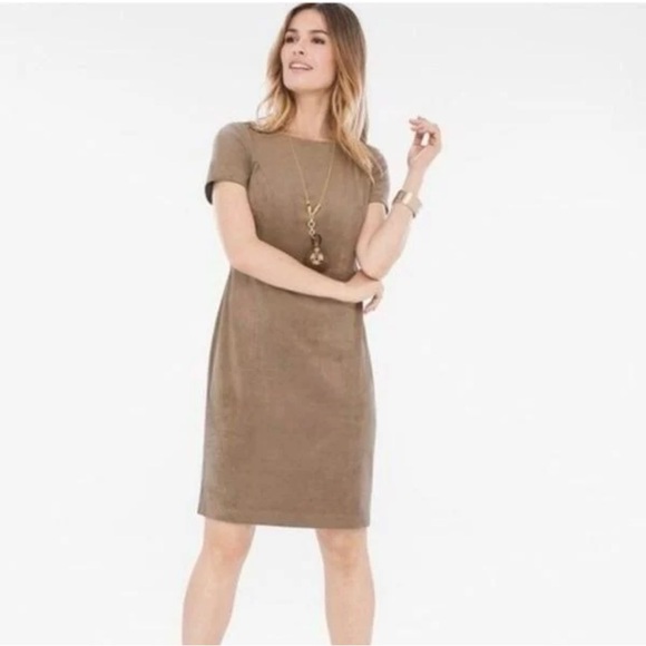 Chico's Tan Midi Sheath Dress Crew Neck Short Sleeve Chicos 1 NWT - Picture 5 of 9